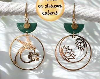 Mismatched asymmetrical earrings with gold-tone stainless steel posts - hummingbird and lotus with enameled sequins - for women and girls, boho chic