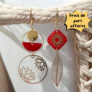 Mismatched asymmetrical earrings in gold stainless steel - red sequins - for women and girls - lotus leaf - handmade creation