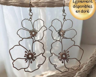 Trendy boho-chic stainless steel earrings in silver or gold - flower design for women or girls - handmade by a French designer