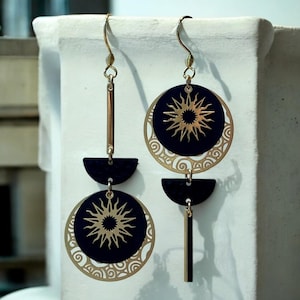Asymmetrical boho chic black and gold earrings for women or young girls - sun - handmade creation - French designer