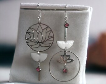 Boucles d'oreilles asymétriques dépareillées tige acier inoxydable argenté pour femme maman jeune fille - tendance - fleur de lotus