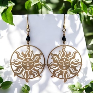 Boho chic trendy gold and black sun earrings for women, moms or young girls - handmade - French designer