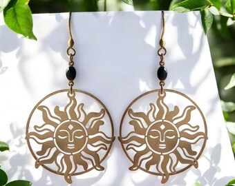 Boho chic trendy gold and black sun earrings for women, moms or young girls - handmade - French designer