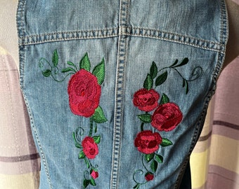 Denim Waistcoat Ladies with Embroidered Roses Adorned Embellished Unique Festival Style Upcycled