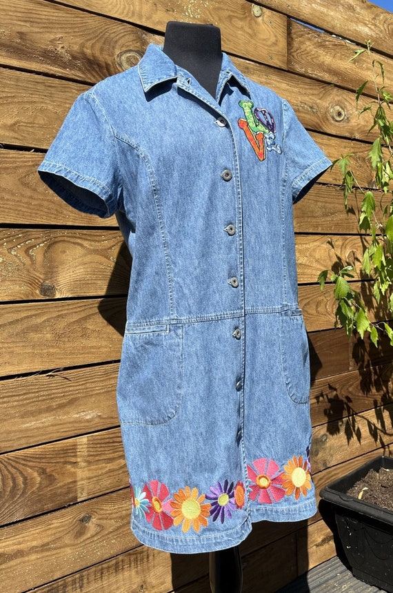 Flower Power Love Hippie Embroidered Denim Dress Unique Festival Style