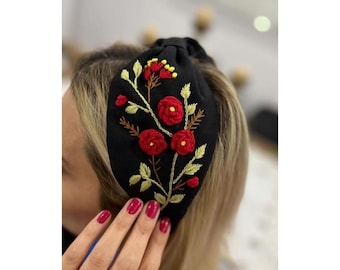 Embroidered Linen Headband, Floral Black Headband, Gift For Women