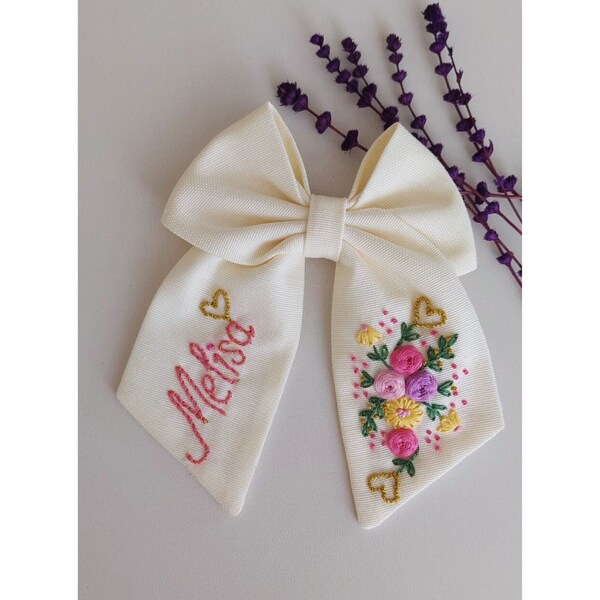 Personalized Floral Embroidered White Hair Bow, Custom Hair Bow, Hair Accessories