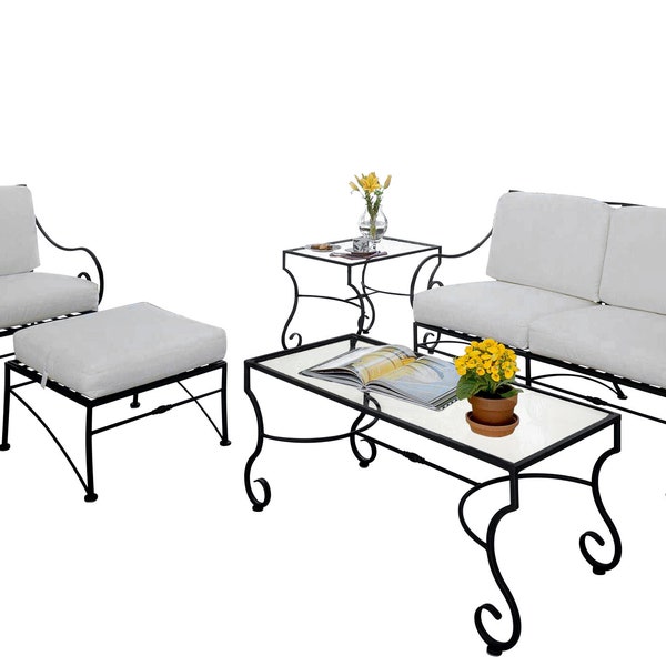 Ensemble en métal 4 places, un canapé, un fauteuil, deux tables et un banc de terrasse et de jardin en fer forgé artisanal Modèle Sevilla
