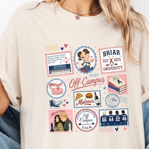 May include: An ivory t-shirt featuring a collage of colorful graphic illustrations including postage stamp-style frames, a couple embracing, a stack of books, a pizza slice, a burger, a wine bottle, and text reading Off-Campus and Briar University.