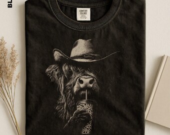 Comfort Colors Cowboy Highland Cow Shirt, Vintage Western Fluffy Cow Graphic Sweater, Cute Country Aesthetic Leopard Iced Coffee Animal Tee