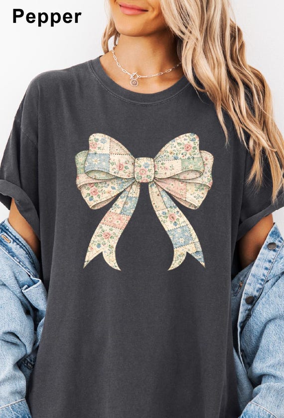 Faux Patchwork Bow Shirt, Gift For Her Comfort Colors Cute Coquette Graphic Tee, Faux Yarn Vintage Ribbon Sweater, Aesthetic Girly Clothing