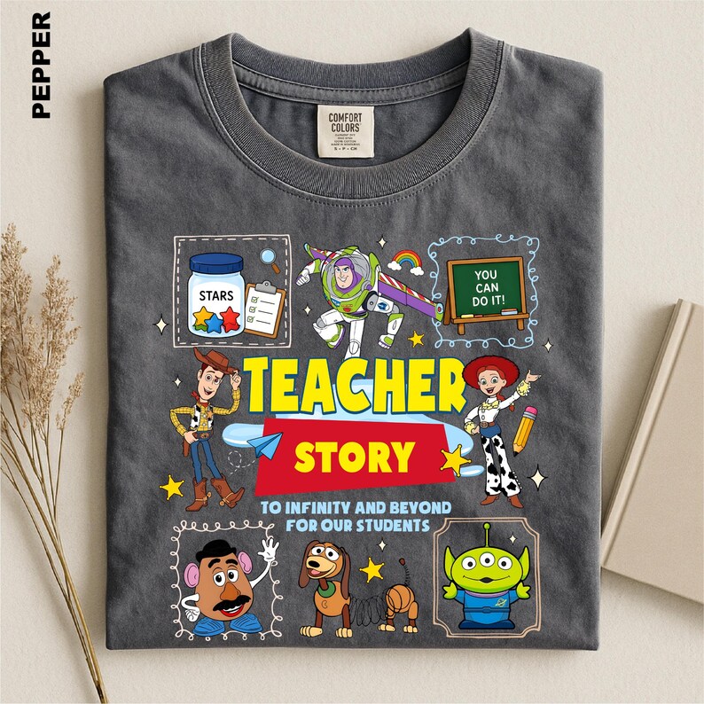 A t-shirt with a colorful and playful design featuring characters from the Toy Story movie, including Woody, Buzz Lightyear, and other beloved characters.