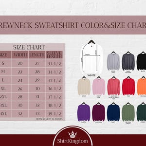 The image is a color and size chart for a crewneck sweatshirt, providing measurements and color options for different sizes.