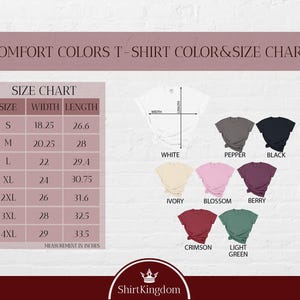 The image is a size chart for a t-shirt, displaying the different sizes available in a range of colors and styles.
