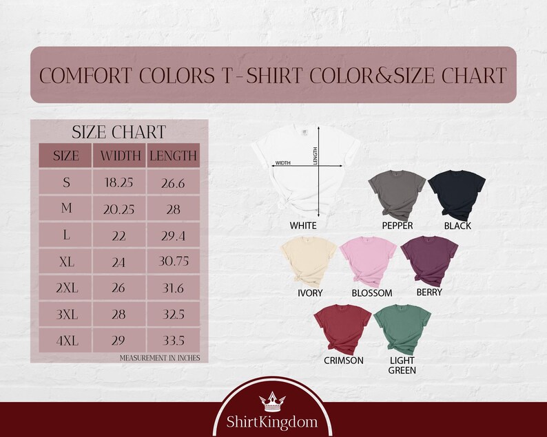 The image is a size chart for a t-shirt, displaying the different sizes available in a range of colors and styles.