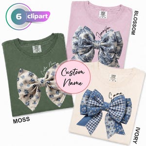 May include: Three t-shirts in moss green, blossom pink, and ivory, each featuring a large bow graphic with floral or gingham patterns. The shirts include personalized names like Jennifer and Emma, with the text Custom Name in a central circle.