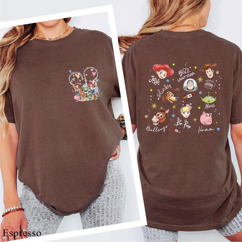 The image is a collage of two photos of a woman wearing a brown t-shirt with various Disney characters and text printed on it.
