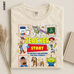 The image is a t-shirt design featuring various characters from the Toy Story franchise, including Woody, Buzz Lightyear, and other beloved characters from the movie.