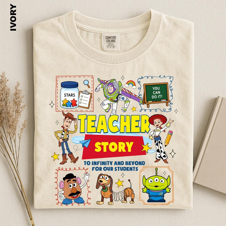 The image is a t-shirt design featuring various characters from the Toy Story franchise, including Woody, Buzz Lightyear, and other beloved characters from the movie.