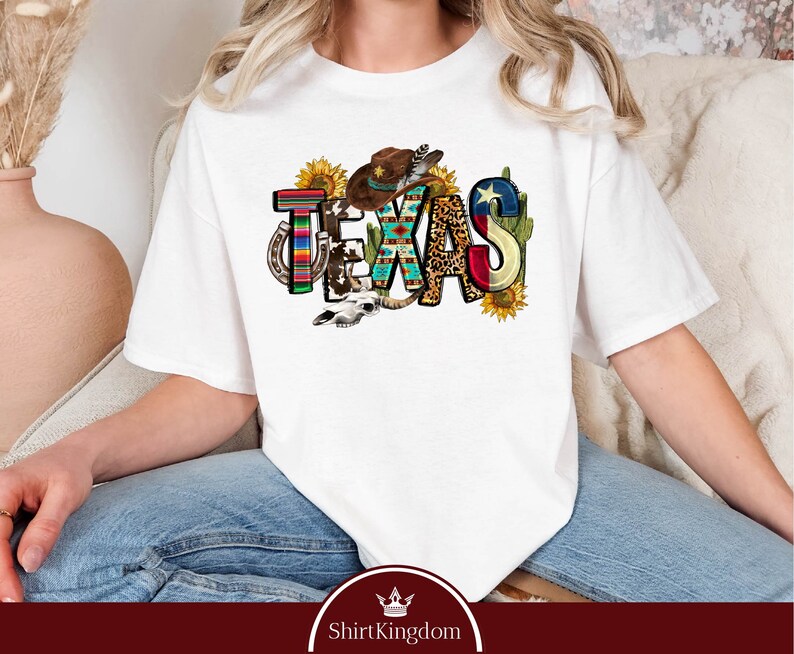 a woman sitting on a couch wearing a white t - shirt with the word texas