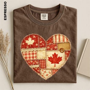 Faux Patchwork Canada Heart Shirt, Vintage Maple Leaf Tee, Cottagecore Quilt Top, Rustic Canadian Inspired Comfort Colors Sweater, Cozy Tee