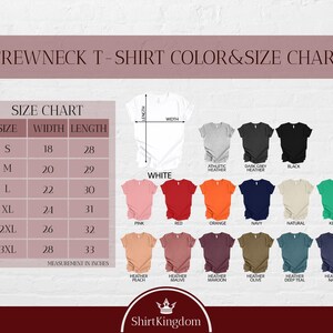 The image is a crew neck t-shirt color and size chart, which includes a table with different shirt sizes and corresponding colors, as well as a collection of t-shirts in various colors and sizes.