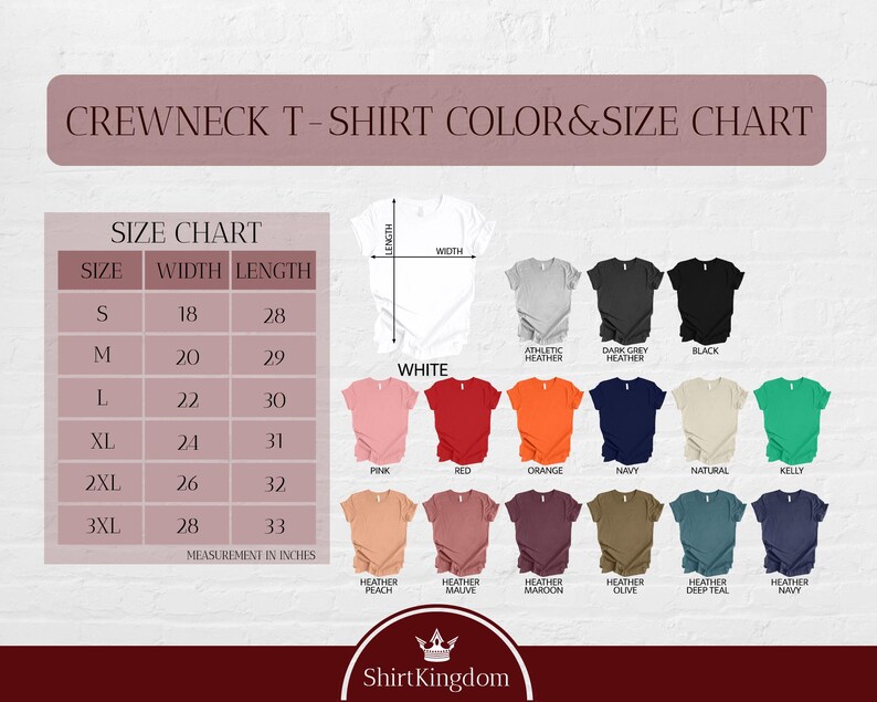 The image is a crew neck t-shirt color and size chart, which includes a table with different shirt sizes and corresponding colors, as well as a collection of t-shirts in various colors and sizes.