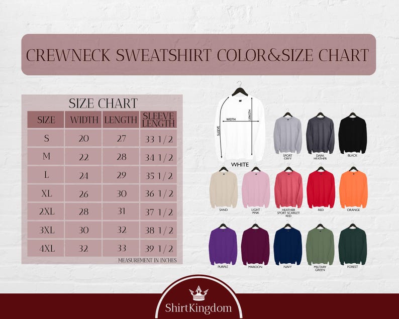 The image is a color and size chart for a crewneck sweatshirt, providing measurements and color options for different sizes.