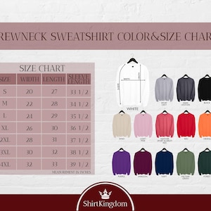 The image is a color and size chart for a crewneck sweatshirt, providing measurements and color options for different sizes.