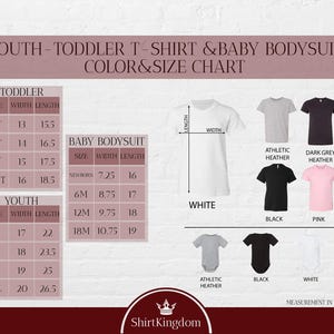 The image is a color and size chart for a youth-toddler t-shirt and baby bodysuit. It includes various sizes and styles of t-shirts and bodysuits, along with their corresponding width measurements. The chart is designed to help parents and caregivers choose the right size and style for their child based on their age and size.