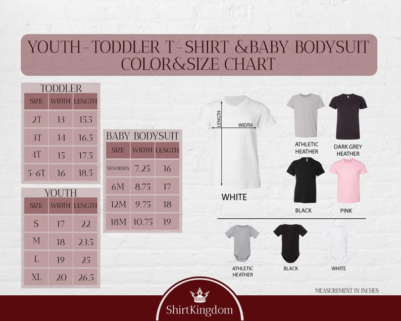 The image is a color and size chart for a youth-toddler t-shirt and baby bodysuit. It includes various sizes and styles of t-shirts and bodysuits, along with their corresponding width measurements. The chart is designed to help parents and caregivers choose the right size and style for their child based on their age and size.