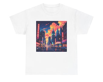 Camiseta retro con atardecer urbano – Camiseta urbana con estética vaporwave – Camiseta con gráfico de horizonte urbano ciberpunk – Camiseta unisex de algodón suave para regalar