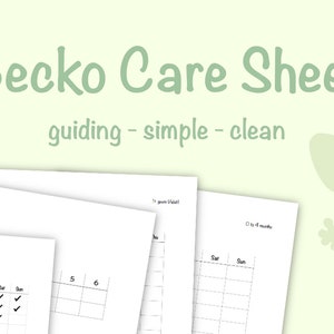 May include: A printable gecko care sheet with a green gecko silhouette in the background. The sheet includes a weight logbook, a weekly feeding schedule, and a section for tracking the gecko's health.