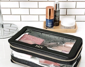 Personalized Saffiano Leather Makeup Bag: Monogrammed Cosmetic Travel Bag