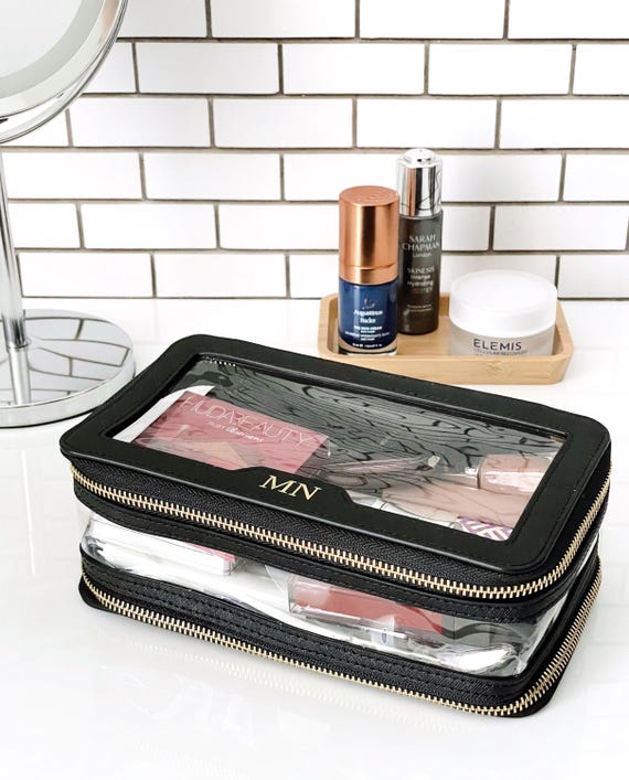 Personalized Saffiano Leather Makeup Bag: Monogrammed Cosmetic Travel Bag