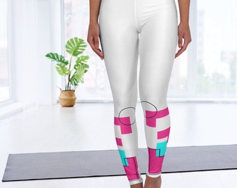 YOGA LEGGINGS, Leggings Pants, Workout Leggings, High Waisted Leggings, LEGGINGS with abstract geometric Pattern-women-White-Pink-Turquoise