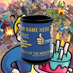 May include: A black and blue ceramic mug with the text "OUR NAME HERE", "T-TEC", and "VAULTY OF THE MONTH!" with a thumbs-up graphic. The mug features a cartoon illustration of a character giving a thumbs up.