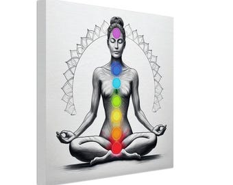 Sieben Chakren Weiblicher Körper Energie Balance Leinwanddruck | Chakra Heilkunst für Meditationsraum | Spirituelles Erwachen Wanddekoration