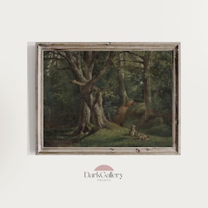 Conigli nel bosco Stampa foresta oscura | Arte da parete stampabile con fauna lunatica vintage | Estetica Cottagecore scura | Scaricamento digitale