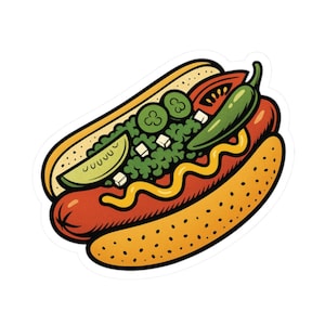 Hot dog in stile Chicago, vinile, cibo per gli amanti di TikTok, decorazioni a tema Bush Baby, adesivi a forma di teneri animali a forma di bacio, Windy City