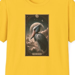 Shoebill Ooievaar de duivel tarotkaart grafisch T-shirt, minnaar schoenbek, vogelliefhebber, prehistorische vogel, tarotkaart duivel, tarotkaartliefhebber