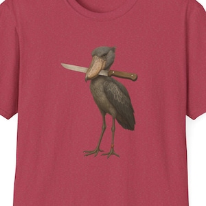 Shoebill Stork Knife Defend Yourself Unisex T-Shirt - Gothic Bird Graphic Tee, Shoebill Stork Sword Protect Shirt, Dark Animal Illustration