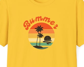 Bummer Sunset T-Shirt: Tropical Palm Tree Rainbow Design
