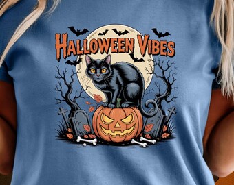 Halloween Black Cat Comfort Colors Tee: Spooky Pumpkin & Bats Shirt