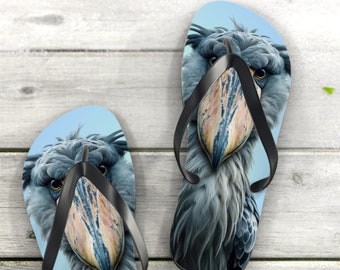 Shoebill Stork Whimsy Flip Flops - Fluffy Face Design on Light Blue Flip Flops, Shoebill Stork Lover, Bird Lover, Prehistoric Bird, Beach