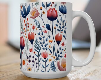 Charming Boho Wildflower 15oz Coffee Mug - Cottage Core, Dainty Floral Pattern, Feminine Garden Mug