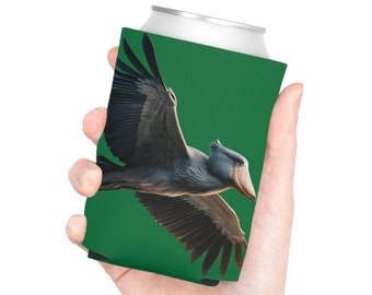 Shoebill Stork in Flight Can Cooler-Único soporte para bebidas con diseño de pájaros, enfriador de latas, pájaro prehistórico, amantes de las aves, pájaros de TikTok, verde oscuro