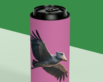 Schoenbekooievaar tijdens de vlucht blikjeskoeler - unieke vogelontwerp bekerhouder, blikjeskoeler, prehistorische vogel, vogelliefhebbers, vogels van TikTok, Lite Pink