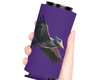 Shoebill Stork in Flight Can Cooler-Unique Bird Design Drink Holder, Can Cooler, Pájaro prehistórico, Amantes de las aves, Aves de TikTok, Púrpura oscuro