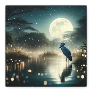 Shoebill Stork Bokeh Moonlight African Swamp at Night Reflection, Canvas Print, Birds of TikTok, Bird Lover, Stork Lover, Dinosaur Bird